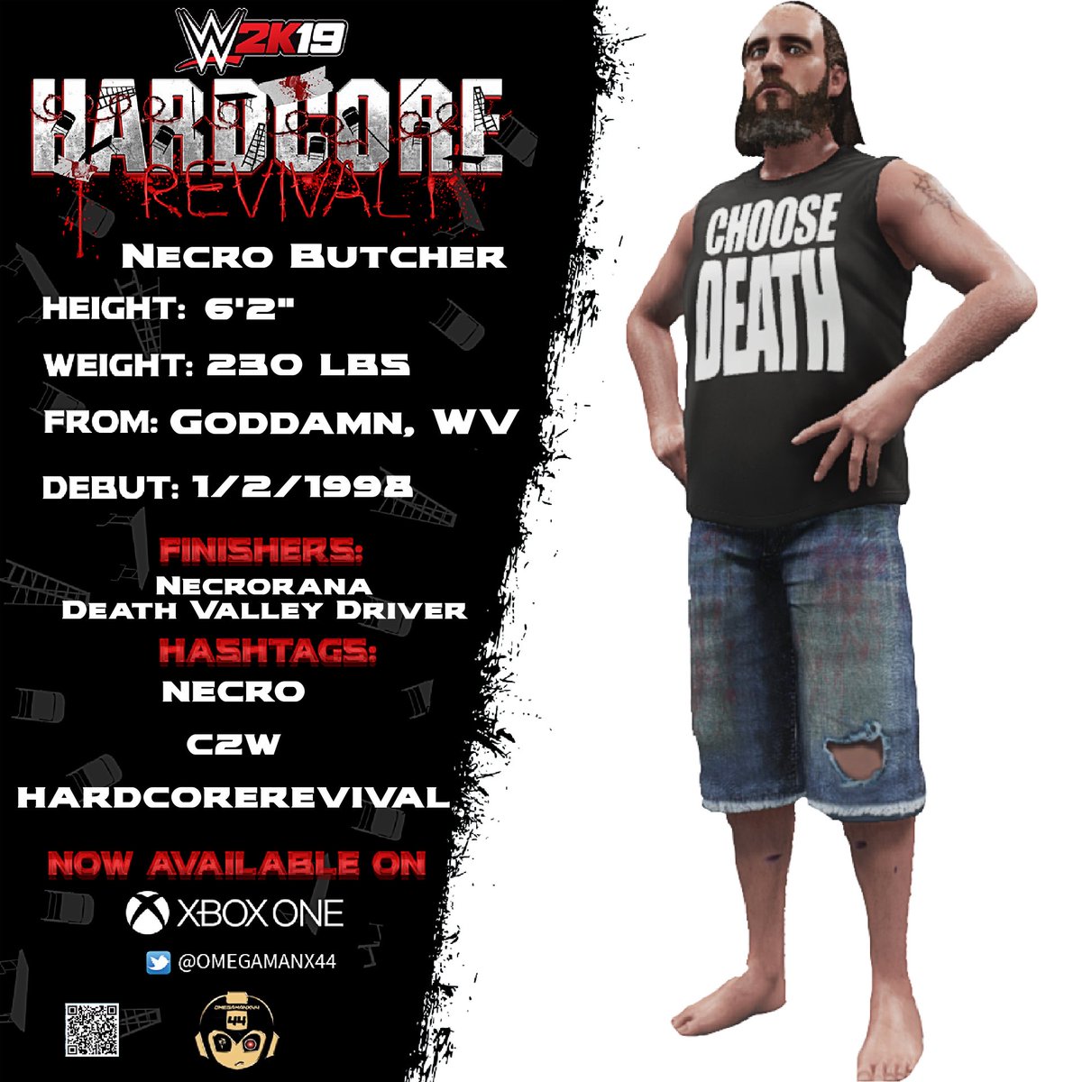 HardcoreRev5val's tweet photo. Download the next #HardcoreRevival #DeathMatch Expansion Pack CAW, Necro Butcher today! #HardcoreRevival #WWE2K19 #XboxSeriesS #CZW https://t.co/JtZQ7HVpP8