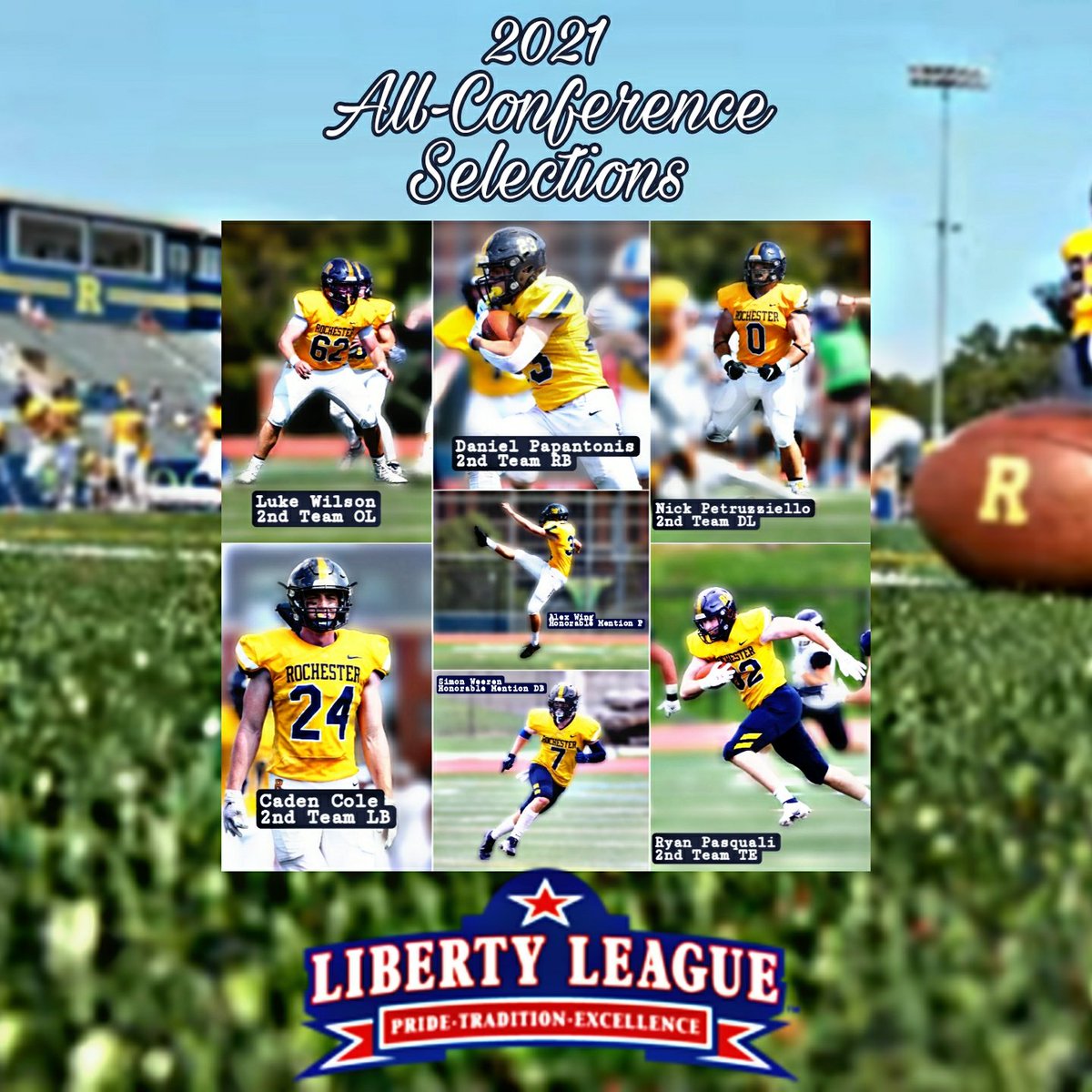 UofRFootball's tweet photo. The @LLAthletics has announced their 2021 All conference  honors! Congratulations to our seven representatives! The most for U of R since 2015! #CLIMB #ROCFam https://t.co/AuNW3JK72u