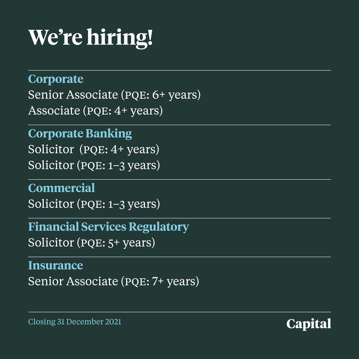 Our busy corporate &amp; commercial team is #hiring! We’re looking for general corporate and commercial lawyers, as well as specialists in insurance, financial services regulation, and corporate banking. Find out more 👇 fsr.cvmailuk.com/capitallaw/mai… #legaljobs #legalcareer