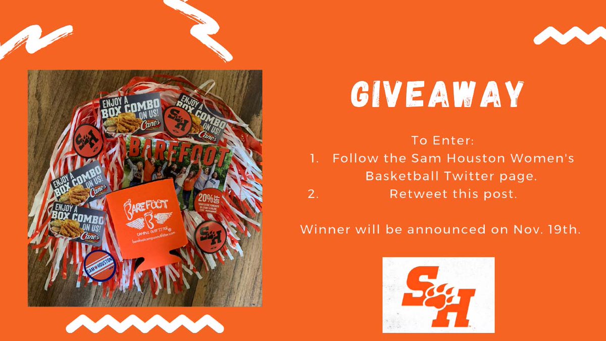 Bearkats_WBB's tweet photo. Hey Bearkat fans we're having a GIVEAWAY! 
Follow our Twitter Page and Retweet this post to enter to win: 
*4 Box Combo Gift Cards 
*20% Off Barefoot Coupon 
*Barefoot Koozie 
*SHSU Stickers 
#EatEmUpKats #Giveaway https://t.co/7JfCyksIpU