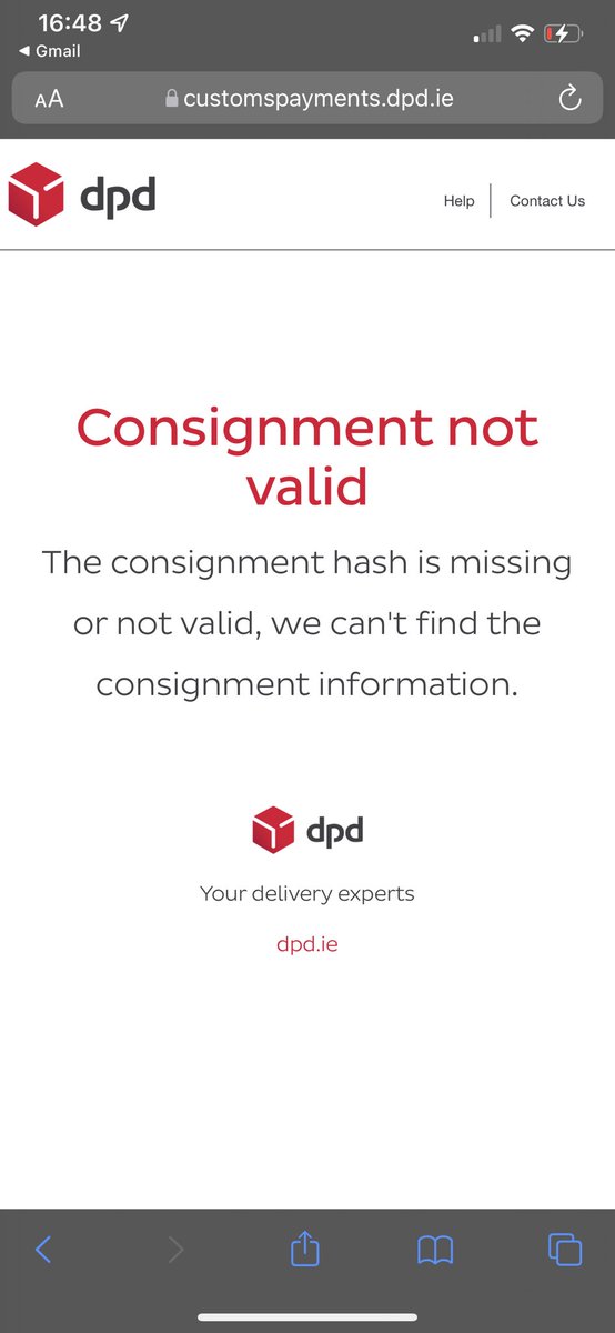 im_leoz's tweet photo. @dpdireland I am trying to pay duty / tax but when I click in the button from email a page saying “Consignment not valid“ is displayed #help https://t.co/iCMOM9RI8w