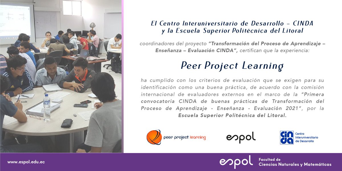 FCNM_Espol's tweet photo. ¡Nuevo hito @ESPOL! La experiencia de enseñanza/aprendizaje #PeerProjectLearning, fue incluida entre las "11 Buenas Prácticas 2021" del proyecto de Transformación del Aprendizaje, la Enseñanza y la Evaluación (TAEE) presidida por @CINDAeducacion. Lee más. https://t.co/oRcOENHuHP https://t.co/WAnmrijrJV