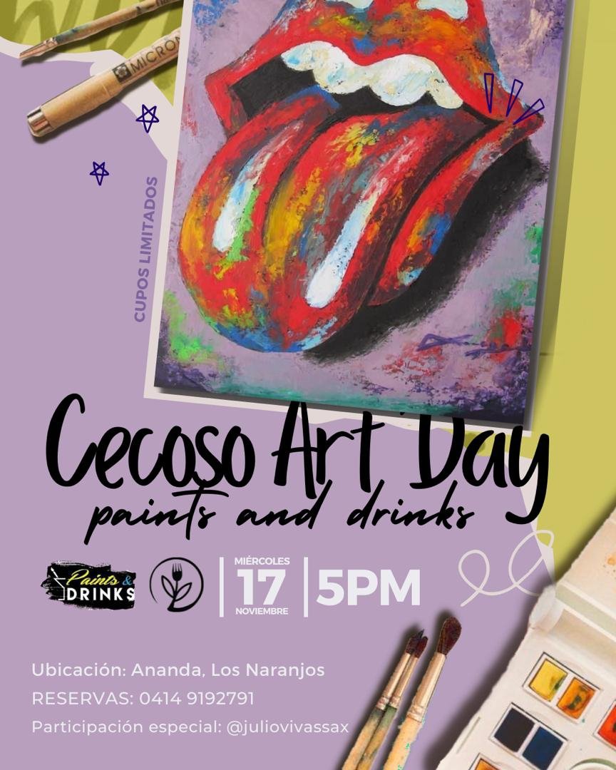 CECOSO's tweet image. 🎨 ¿Quieres vivir la experiencia de beber una copa de vino mientras pintas en buena compañía? 

Paints and drinks x Cecoso te espera! 🤩

•Ucabistas | $20 p/p
•General | $25 p/p

🎟️: materiales de pintura, clase guiada paso a paso por nuestro artista plástico, 1 copa de vino 🍷