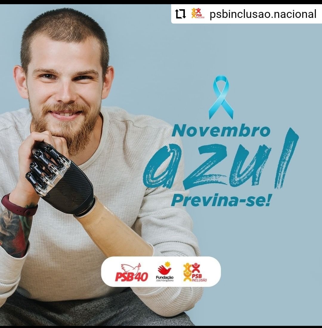 incluaaopsbba's tweet photo. O câncer de próstata apresenta crescimento muito lento, podendo levar anos para causar algum problema mais sério. 

#PraCegoVer Card com fundo azul: homem branco que possui mão e antebraço mecânicos. Na lateral direita, escrito em azul: "Novembro Azul. Previna-se!". #inclusão https://t.co/kg2xm5B0PN