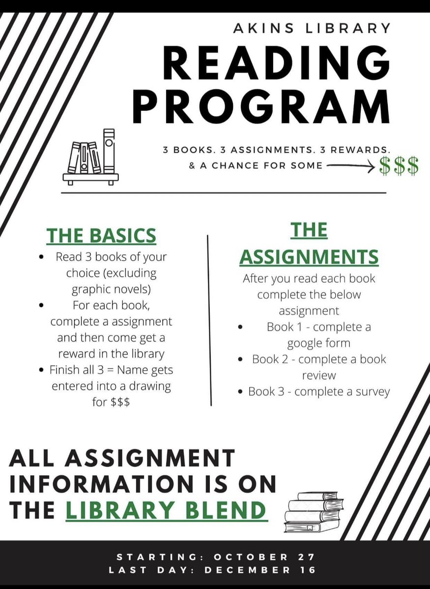 akinslibrary's tweet photo. Calling all Freshmen!!! Read, complete short assignments and earn prizes!!! Come see the librarian for any questions 📚📝🤑 https://t.co/sazSznS482