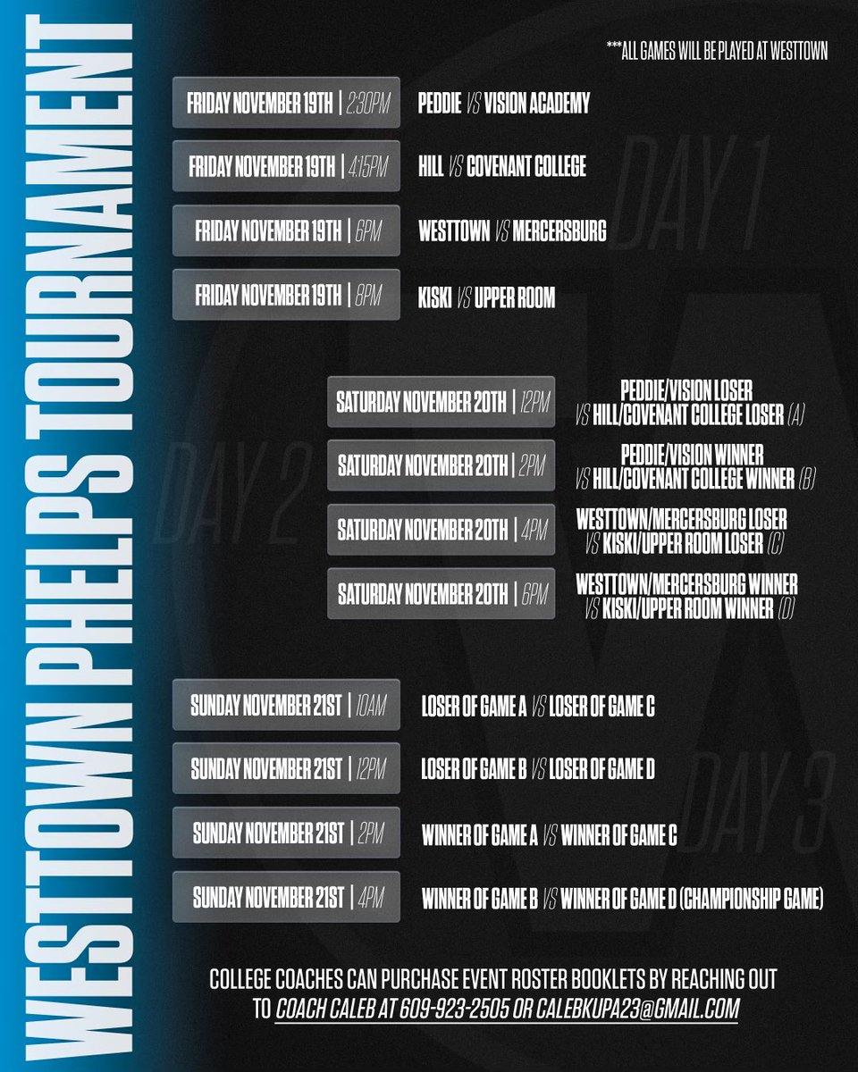 Excited to announce the schedule for this weekend’s Westtown-Phelps 2021 Invitational!

📍 Westtown School
⏰ Friday-Sunday
📺 <a href="/BallerTV/">BallerTV</a> and <a href="/locallivenet/">LocalLive</a> 
📄 College coaches can purchase event roster packets from <a href="/CoachKupa/">Caleb Kupa</a>