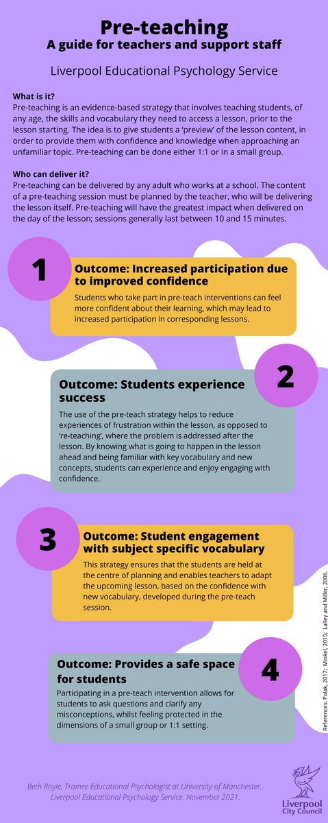 Pre-teaching is a brilliant, evidence-based strategy which can secure positive outcomes for students of all ages. I really enjoyed working with <a href="/EPSLiverpool/">Liverpool EPS</a> to create a resource which breaks down these outcomes and can be shared with school staff!