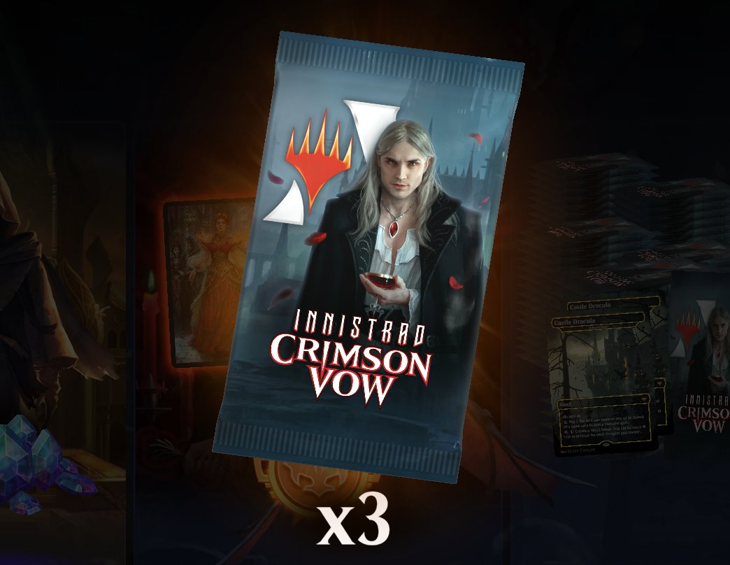 wizards_magicIT's tweet photo. Come ringraziamento per la partecipazione al suo matrimonio, Olivia è lieta di omaggiarvi con tre buste gratuite di Promessa Cremisi su MTG Arena. 

Per riscattarle non dovrete far altro che inserire il codice "PlayVOW" all'interno del gioco! 🦇 https://t.co/GU3W6yjHi8