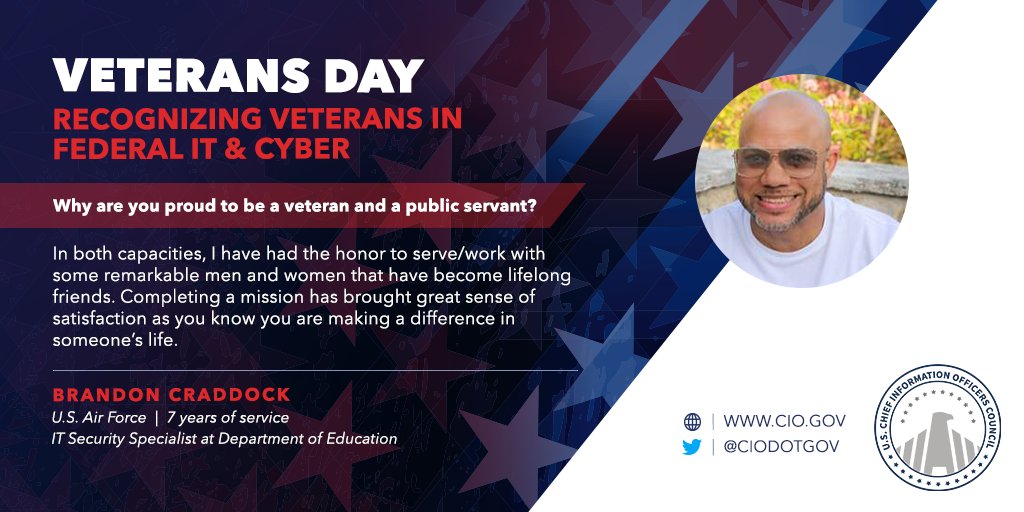 ciodotgov's tweet photo. Brandon Craddock, IT Security Specialist at @usedgov, is a proud #veteran with 7 years of service in the @usairforce. Brandon finds satisfaction in completing missions & making a difference in someone’s life. Thank you for your dedication & service, Brandon! #VeteransInFedTech https://t.co/vLsnP0gmOb