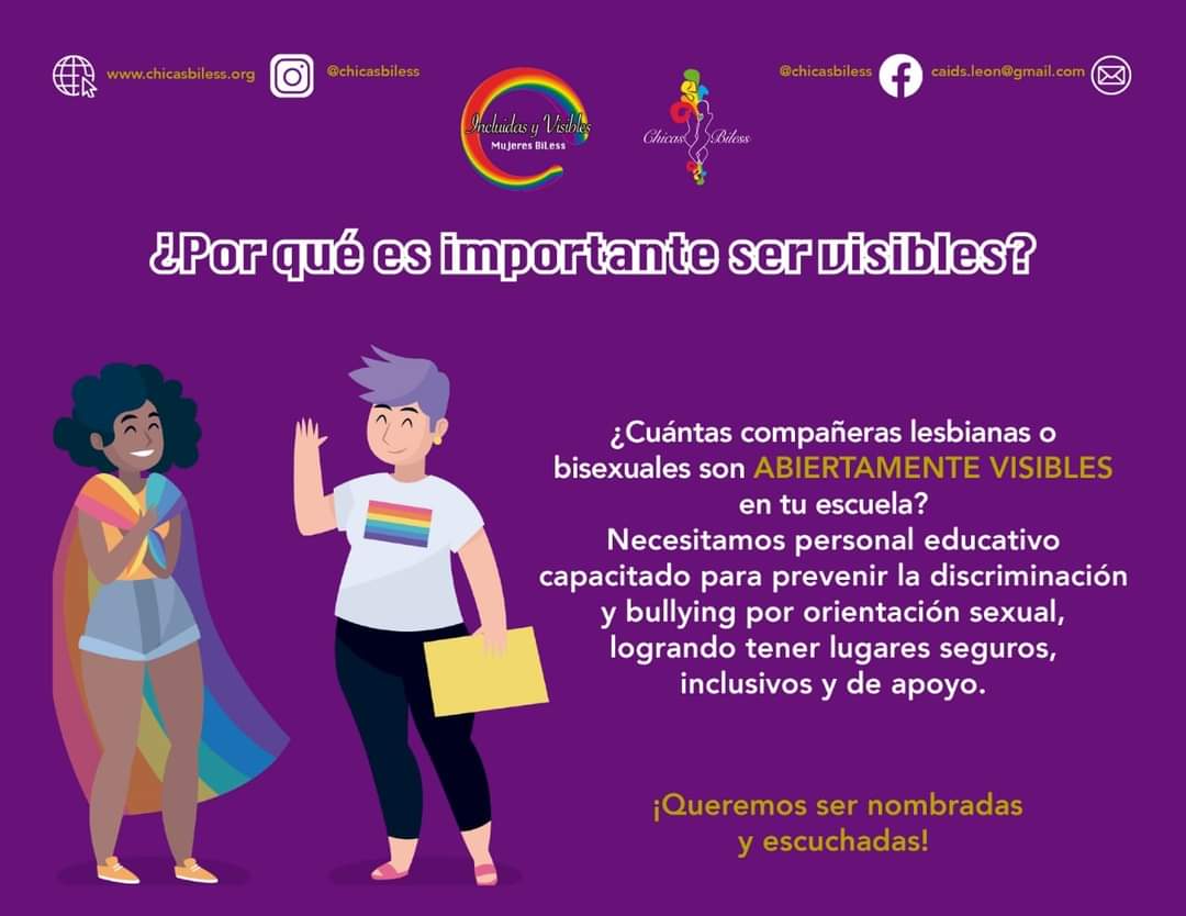 ChicasBiLess's tweet photo. ¿Cuántas compañeras lesbianas o bisexuales son abiertamente visibles en tu escuela? 

👩🏻‍🏫 @EducacionSEG necesitamos que el personal educativo se encuentre capacitado para prevenir la discriminación por orientación sexual.

#IncluidasYVisibles
#MujeresBiLess https://t.co/Wj9wWejdmR