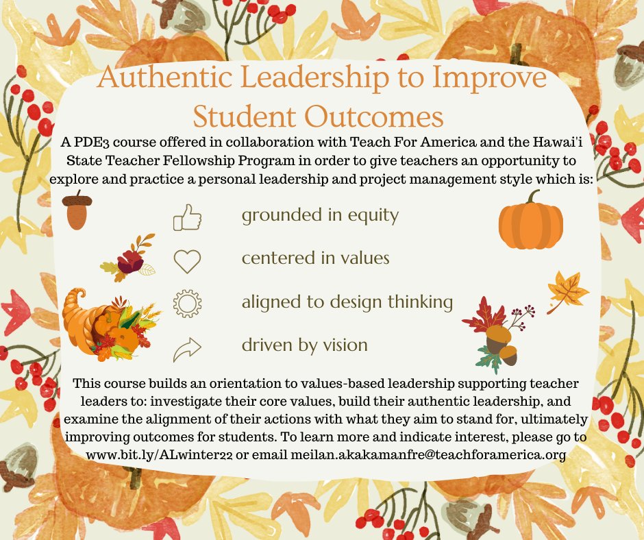 mcdonald_kecia's tweet photo. Coming soon! A PDE3 course to support authentic leadership. If you want to be supported while working on leadership competencies to improve student and school community outcomes, check out https://t.co/mMKMFzFfe1 for more details.
#leadership #professionaldevelopment
#808educate https://t.co/cRGPHWGJ3O