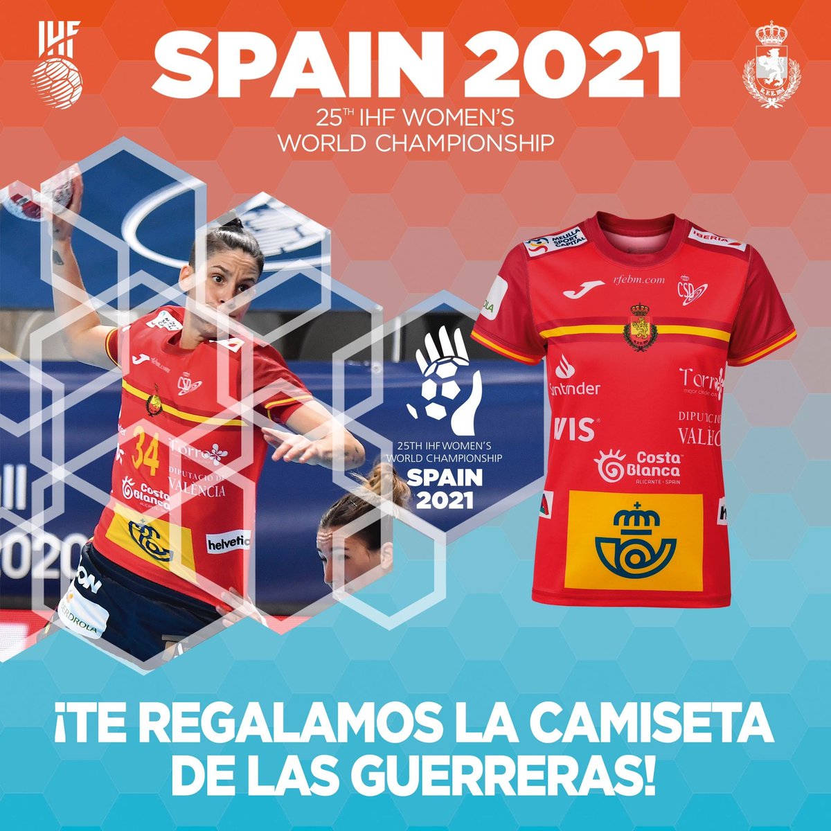 RFEBalonmano's tweet photo. 🤩 ¿Quieres la camiseta oficial de las #Guerreras 🇪🇸 para el Campeonato del Mundo #Spain2021? 👕

‼️ ¡TE LA REGALAMOS!

🔄 Haz RT
❤️ Sigue a @RFEBalonmano y @SheLOVsHandball 
👇🏻 Menciona a un amig@

📆 ¡Tienes hasta el 21 de noviembre para participar!

#SheLovesHandball https://t.co/pcBeM3NgSN