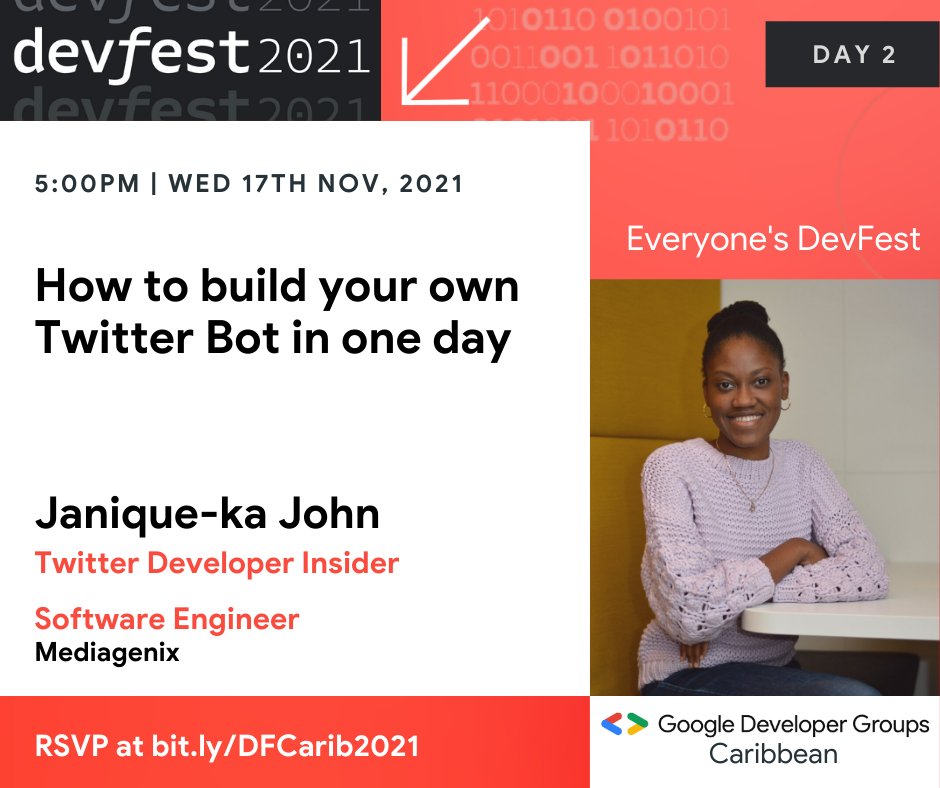 Excited to be participating in this year’s GDG Devfest Caribbean! One of my favourite gatherings of Caribbean developers, period. 

RSVP for DEVFEST Caribbean 2021 here: bit.ly/DFCarib2021

#WomeninTech