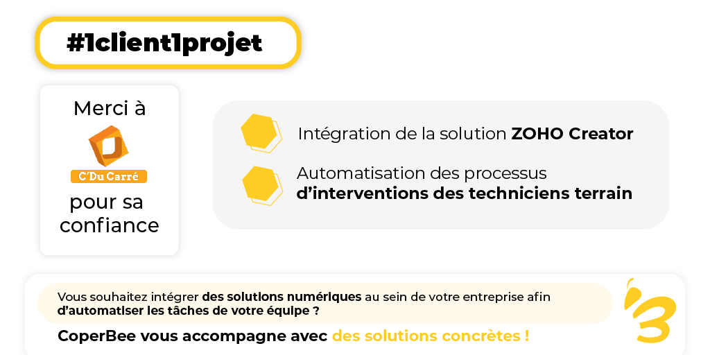 #1client1projet : Notre équipe a accompagné C'Du Carré dans sa transformation digitale.

Grâce à Zoho Creator, les processus d'interventions de leurs techniciens terrain sont automatisés. ⚙️ Fini le papier et les tableaux muraux pour s'organiser ! 📝