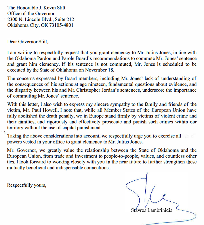 EUintheUS's tweet photo. In a letter delivered yesterday, @EUAmbUS urgently requested that @GovStitt of Oklahoma grants clemency to #JuliusJones, who is scheduled to be executed on November 18. The EU firmly opposes capital punishment at all times &amp; in all circumstances. More: https://t.co/JAqtFeuHE4 https://t.co/avtLldpXDd