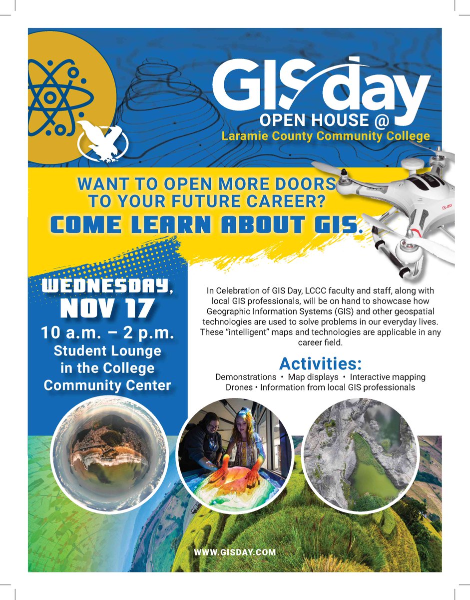 KarenWyGis's tweet photo. #geogeeks unite! Tomorrow is #GISday2021. We are celebrating at @LCCC, showcasing how #geospatialtechnology can be integrated into the variety of campus courses, including #agriculture, #engineering, and #windenergydevelopment. Come get a selfie from a #drone! #lcccGISday https://t.co/MSmfRtgL9n