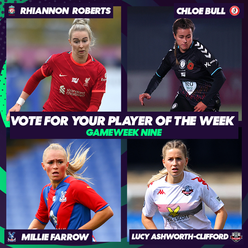 It's time to vote for your #FAWC Player of Gameweek Nine!

⭐️ <a href="/RazzaRoberts/">Rhiannon Roberts</a> 
⭐️ <a href="/chloebull_13/">Chloè Bull</a> 
⭐️ <a href="/MillieFarrow/">Millie Farrow</a> 
⭐️ Lucy Ashworth-Clifford