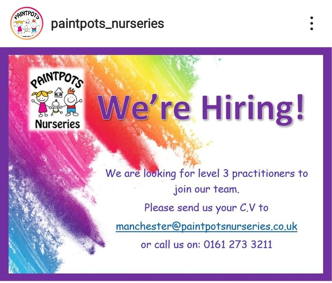 Paintpots_MCR's tweet image. Looking for a new challenge!? Join our team in Central Manchester just off Oxford Road at the oldest established Nursery in the City Centre. Call Steph or Georgie to arrange an interview on 01612733211 #childcare #jobs #vacancies #earlyyears #nurseries #manchester #citycentre