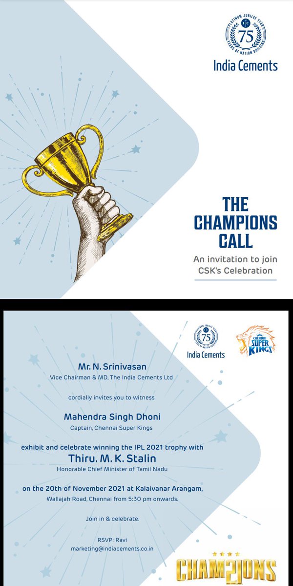 mahi190796's tweet photo. The Champion's call, celebration on 20th november with presence of CM @mkstalin - @ChennaiIPL
#CSK #Chennai #Yellow #Indha #Dhoni #Indiacement #cement #TamilNadu #Chennai #Mahesh https://t.co/TBZrZ0RgEg