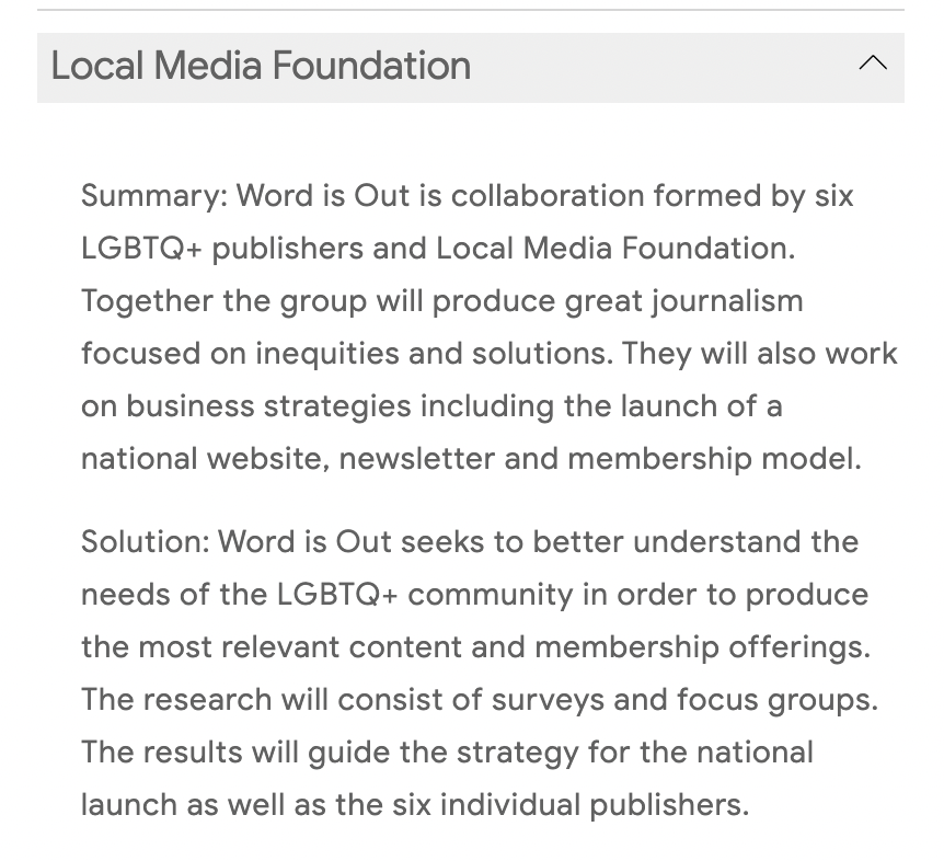 PennyRiordan1's tweet photo. Here we are on this round @GoogleNewsInit's 2021 Innovation Challenge recipients for North America. So excited to support the work of Word is Out: A collaboration of 6 LGBTQ+ publishers through my role at @LocalMediaAssoc. More to come on this groundbreaking collaborative! https://t.co/S3Eey4YmA0