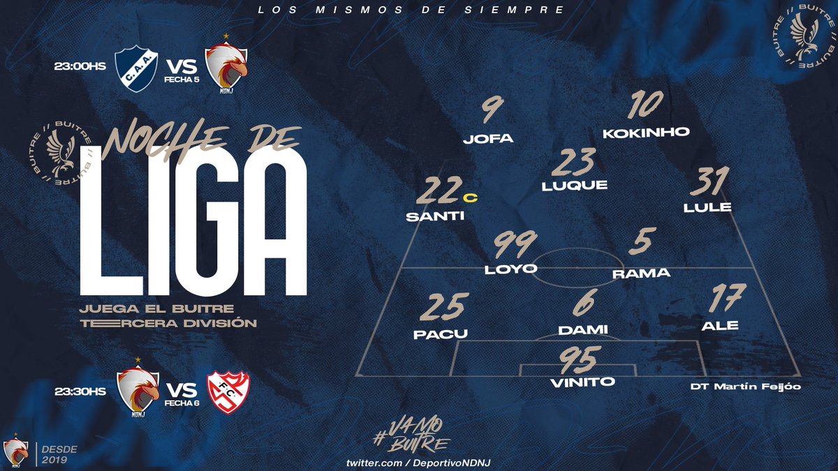 DeportivoNDNJ's tweet photo. ⚽️| Primera C #17

Luego del asado del fin de semana, el Depor sale a la cancha para defender la punta del campeonato.

Esta noche, desde las 23, enfrentamos a dos complicados rivales.

#VamosBuitre🦅 https://t.co/mQKHVgyOCj