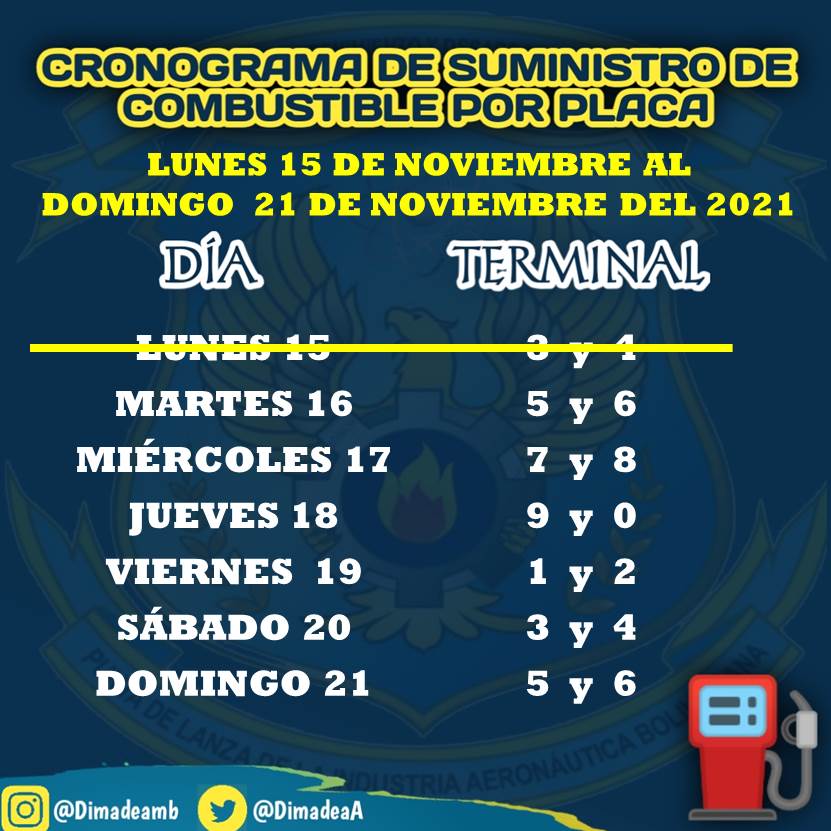 DimadeaA's tweet photo. #16NOV || La #DimadeaAMB te presenta el Cronograma de Suministro de #Combustible ⛽ por placa desde el Lunes 15 de Noviembre al Domingo 21 de Noviembre de 2021.
#DimadeaAMB
#VacúnateYCuídate https://t.co/0V21qgTCIt