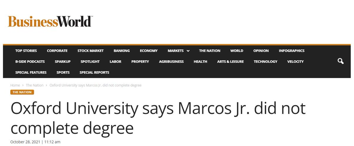 __AngelaC__'s tweet photo. It is considered a fake news because it was confirmed by the University of Oxford that Marcos did not complete his degree, but was awarded with a Special diploma. The Special Diploma is and will never be equivalent to a diploma of a bachelor's degree holder. 
(2/3) https://t.co/RibZBsY3rD