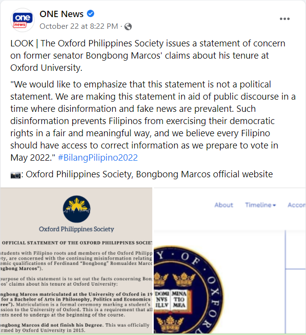 __AngelaC__'s tweet photo. It is considered a fake news because it was confirmed by the University of Oxford that Marcos did not complete his degree, but was awarded with a Special diploma. The Special Diploma is and will never be equivalent to a diploma of a bachelor's degree holder. 
(2/3) https://t.co/RibZBsY3rD
