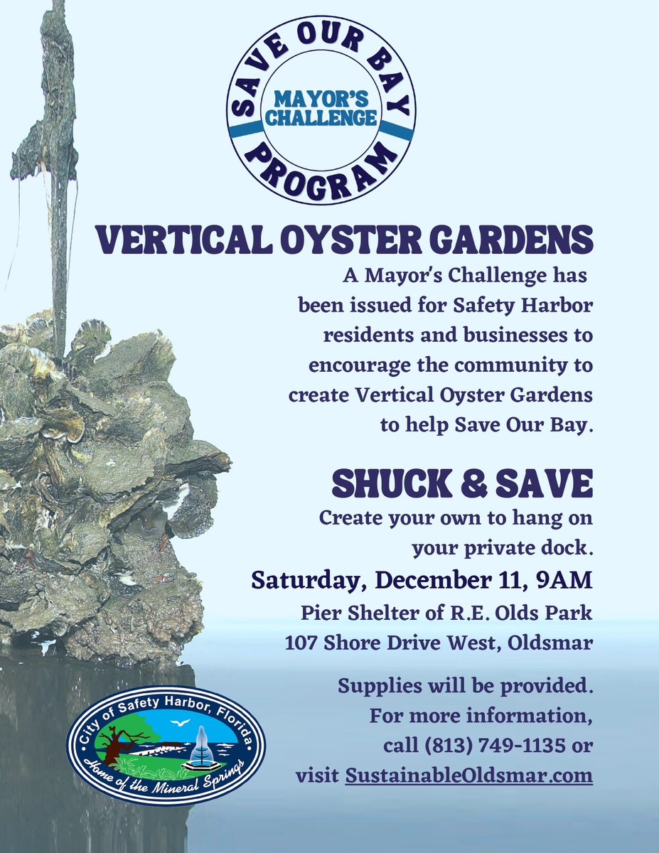 LoveSH_FL's tweet photo. Save Our Bay program launches on Sat, 12/11/21 at 9am at the Pier Shelter of R.E. Olds Park in Oldsmar. The kick-off event involves creating Vertical Oyster Gardens to hang from private docks.
For more info: https://t.co/ACC8EJl8Lx
#SaveOurBay #VerticalOysterGarden https://t.co/nuc8ZiFZxh