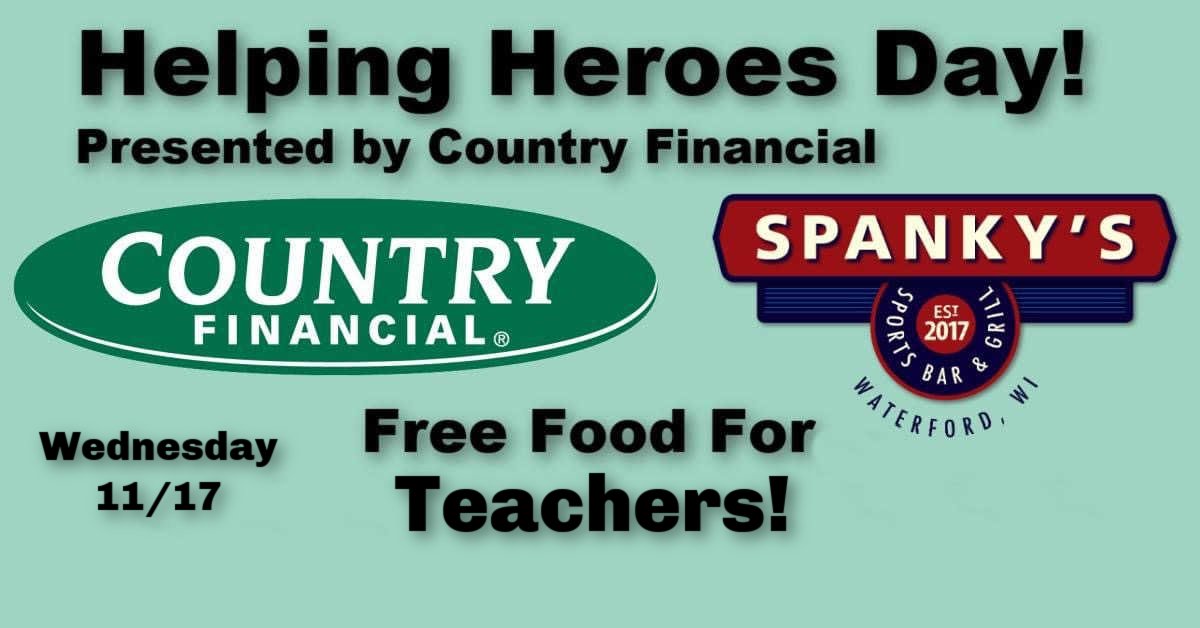 BarSpanky's tweet photo. Tomorrow - Wednesday 11/17 will be Helping Heroes Day at Spanky's - presented by TJ Lofgren and Country Financial. Free Food to Teachers, thank you to these local heroes! Spread the word! https://t.co/jhcvkVgPOK