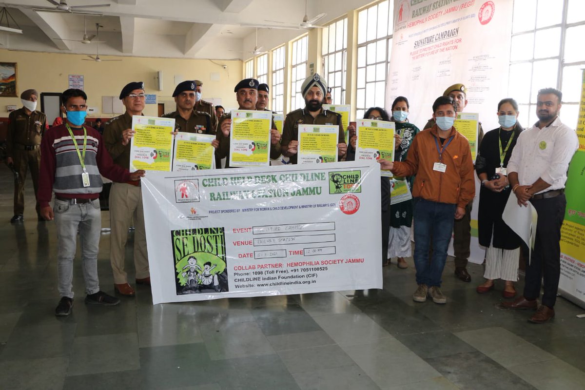 grp_jammu's tweet photo. Inauguration  Function Of "Childline Se Dosti Week"
Organized By Childline Helpdesk Railway Station Jammu In Collaboration With Haemophilia  Society Jammu

Signature Campaign Kickstarted by Worthy SSP Railways Jammu In Presence Of Officers And Officials From GRP And RPF. https://t.co/9ATNbWsTaD