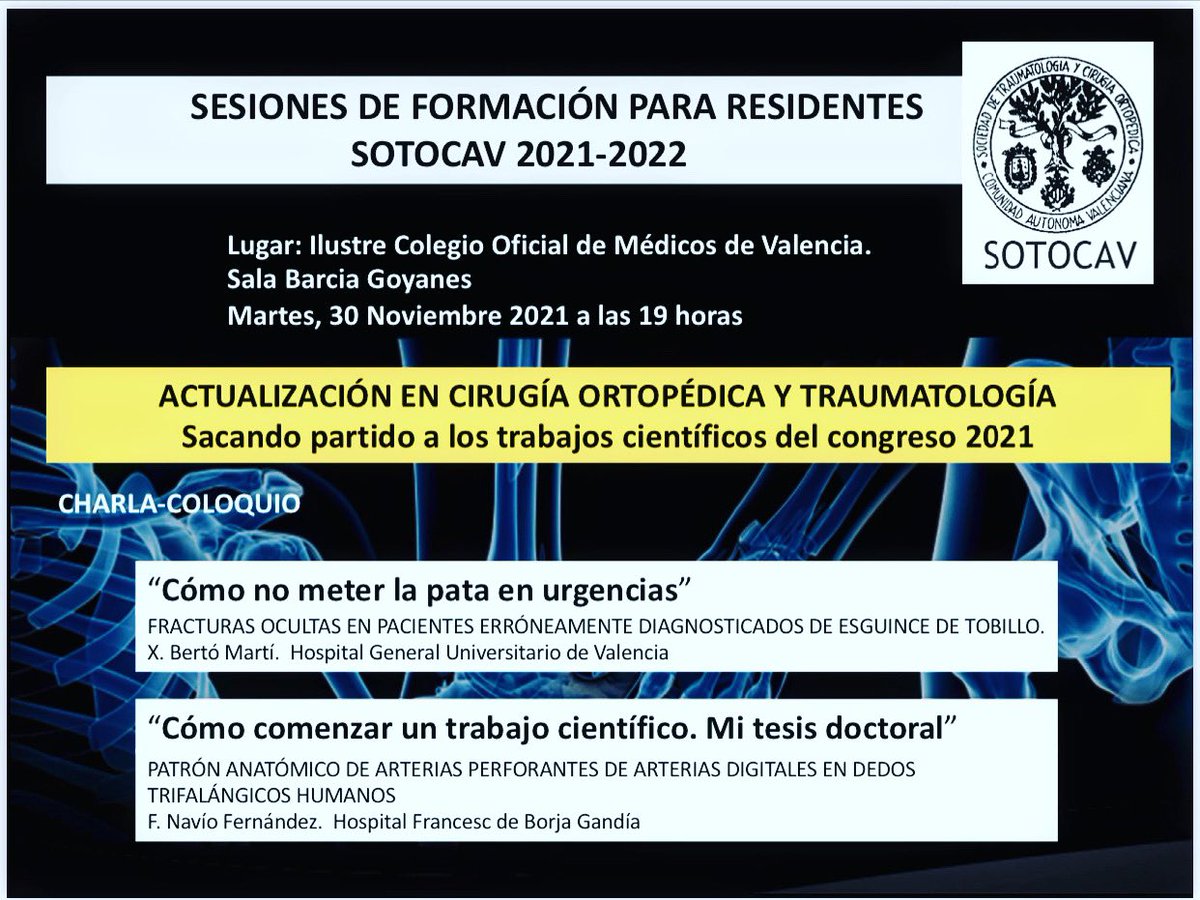 🔴 Primera sesión de formación para Residentes de la SOTOCAV 2021-2022 
🏢Colegio Médicos de Valencia. 
🗓30 noviembre a las 19.00h 
📑Actualización en COT: sacando partido de los trabajos del congreso SOTOCAV 2021.  
No os podéis perder este reencuentro!
➡️ SOTOCAV 🆙