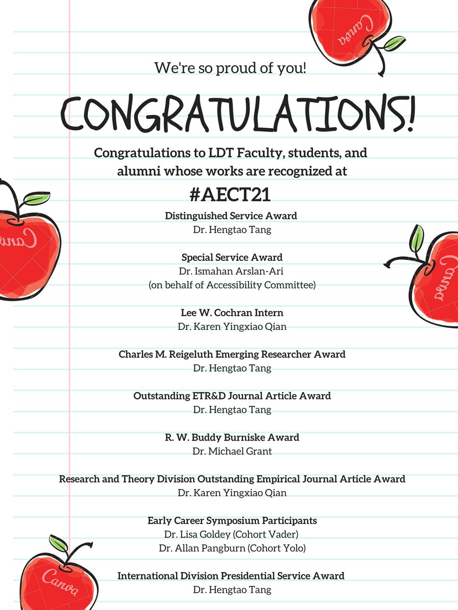 EdTech_UofSC's tweet photo. #AECT21 was over, but we continue to celebrate the excellent works by our LD&T faculty, students and alumni. Congrats to all our @AECT awardees! Thank you for making our LD&T proud!! @UofSC @UofSCEducation @michaelmgrant @Happy_Tao https://t.co/FJfEax0ina