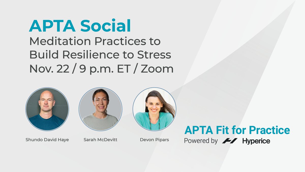 APTA_official's tweet photo. Learn meditation techniques and how you can use meditation practices to build resilience to stress.
During the event, you'll be taken on a guided meditation exercise and have an opportunity to ask the instructors questions.
https://t.co/OQvdiAn5F8
#APTAFitforPractice https://t.co/9oHVq1dF9y