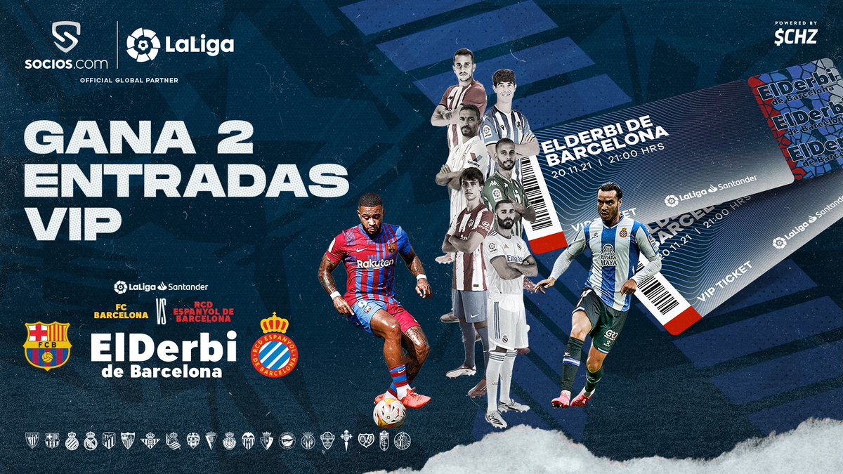 LaLiga's tweet photo. ¡GANA 2⃣ entradas VIP para el #BarçaEspanyol con @socios! 💯🎟 

✅ Sigue a @socios
🔄 RT este tuit 
💬 Responde utilizando #ElDerbideBarcelona
📅 ¡Tienes hasta el 18 DE NOVIEMBRE (12:00h CEST)!

Más información: https://t.co/qTmqJL6bVy
#WinWithSocios https://t.co/SvinGXteyg