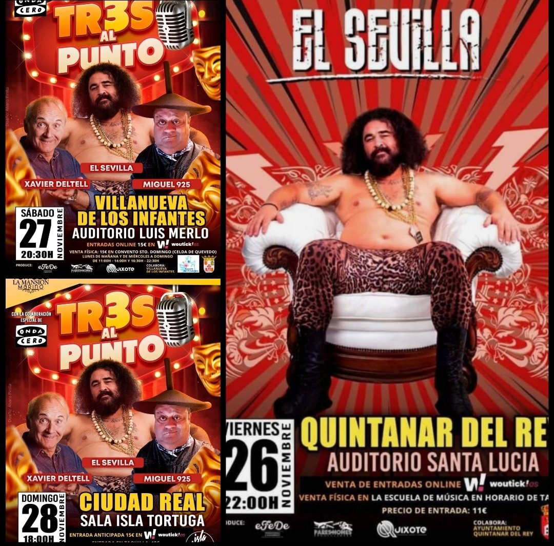 Sorpresitas para el finde de la semana que viene!
El Viernes 26: <a href="/MiguelelSevilla/">Miguel el Sevilla</a> actuará en Quintanar del Rey!

El Sábado27 : <a href="/MiguelelSevilla/">Miguel el Sevilla</a> ,<a href="/Xavierdeltell/">Xavier Deltell</a> y <a href="/Miguel9252/">Miguel_925</a> en <a href="/Tr3sAl/">Tr3s Al Punto</a> en Villanueva De Los Infantes!!

Y el Domingo 28:Los tres humoristas llegan a Ciudad Real!