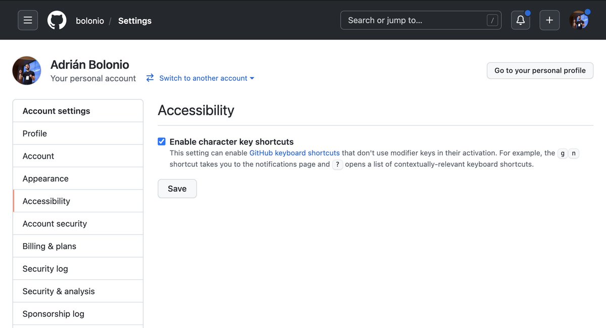 A screenshot of the new accessibility settings of GitHub, where you can manage keyboard shortcuts choosing to disable "character key shortcuts". This turns off the keyboard shortcuts that only use single characters like s, g c, and . (the period key). Shortcuts which make use of modifier keys like command and control are not affected by this setting.