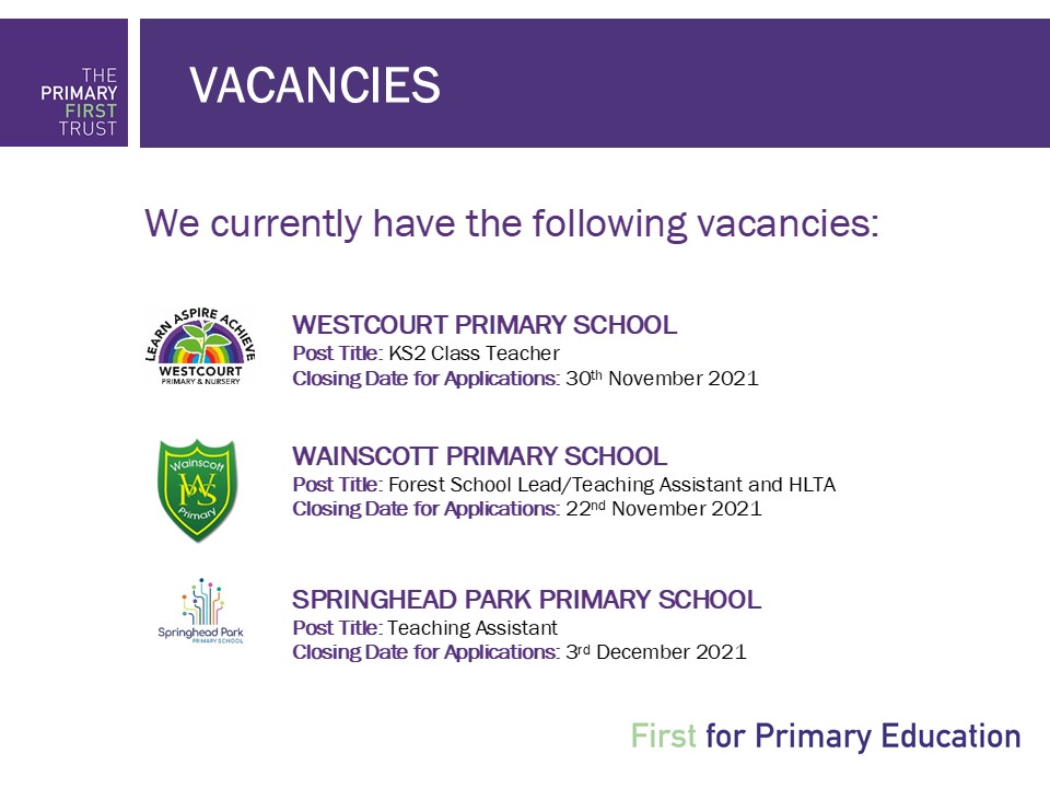 Primary1stTrust's tweet image. theprimaryfirsttrust.co.uk/vacancies/
#First4Staff #vacancies #teachingjobs 
@SchoolWestcourt @WainscottSchool @springhead_park