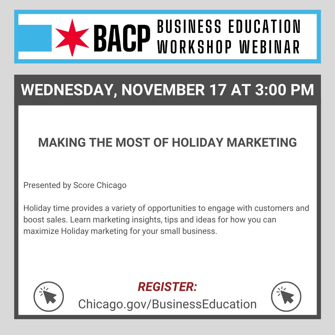 The holidays is the perfect time engage with customers and increase sales. Join BACP TOMORROW at 3 PM for an webinar entitled "Making The Most Of Holiday Marketing," presented by <a href="/SCOREChicago/">SCORE Chicago</a>. Learn how to maximum your holiday marketing. Register at Chicago.gov/businesseducat…