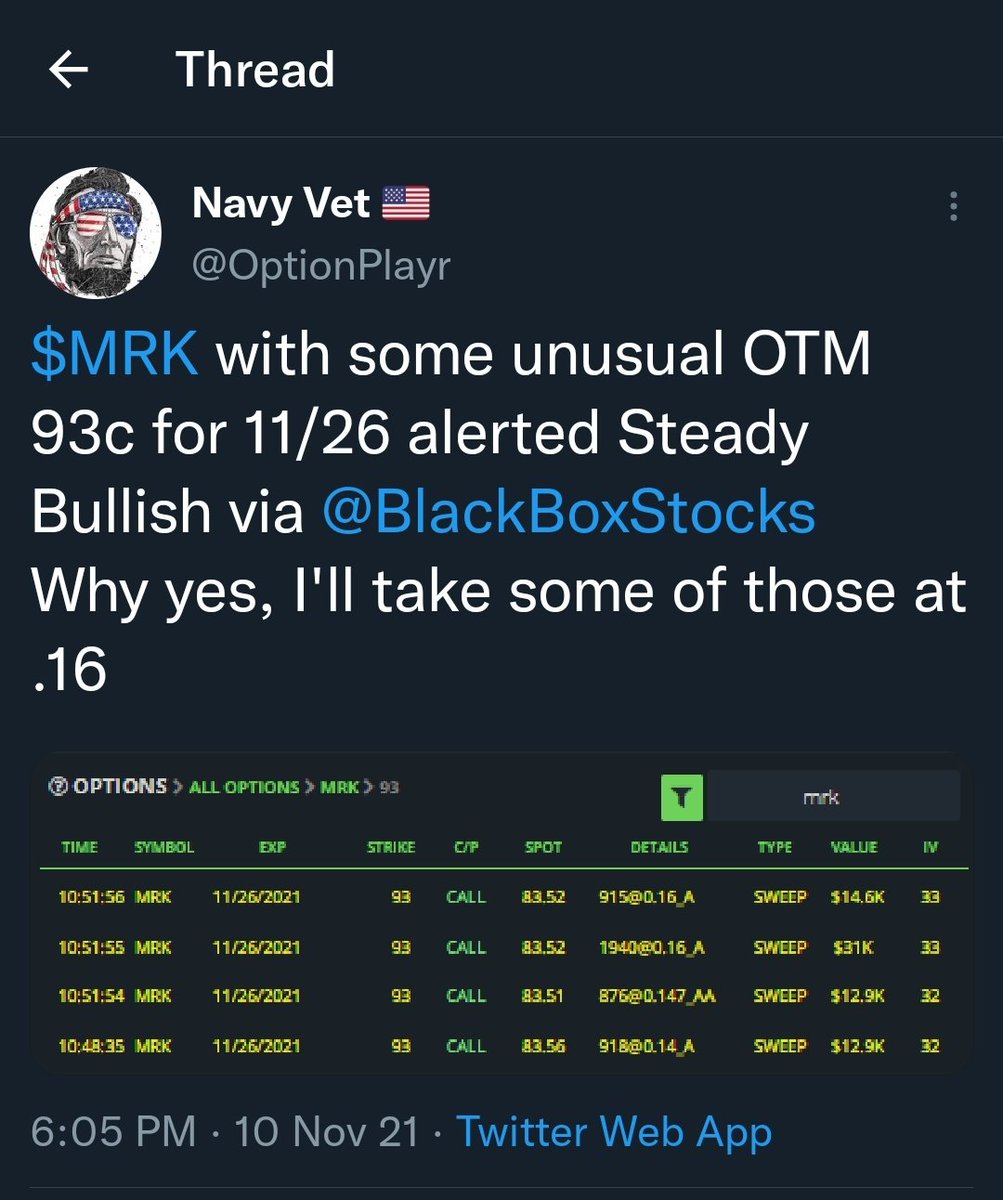 NVtradez's tweet image. $MRK with the @BlackBoxStocks #FlowPlay sent direct ➡️ phone. Remember those unusual 11/26 93c last week? Sold for profits and entered 11/26 90c yesterday and already up nice today. Want to catch the flow? Be sure to sign up and get their #BlackFriday deal
Cc @optionsmafia1