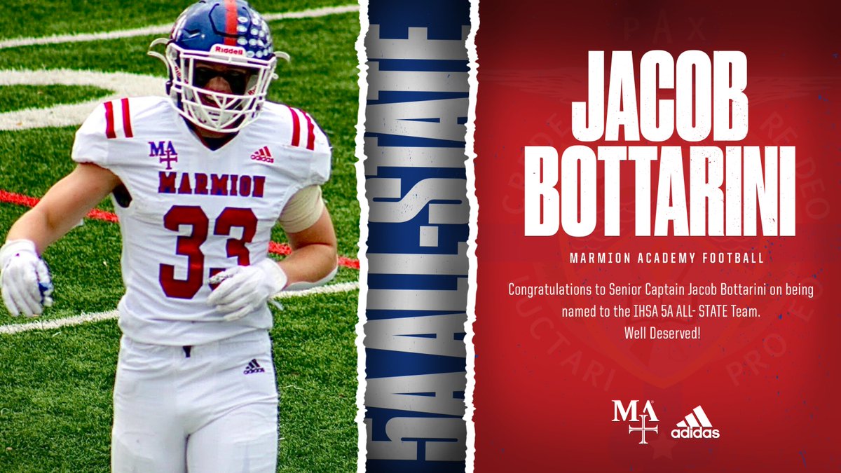 Congratulations to senior captain Jacob Bottarini on being named to the IHSA 5A ALL-STATE Team. Way to go Bot! #CADETPRIDE <a href="/MarmionFB/">Marmion Football</a> <a href="/pchabura/">Paul Chabura</a> <a href="/marmionacademy/">Marmion Academy</a>