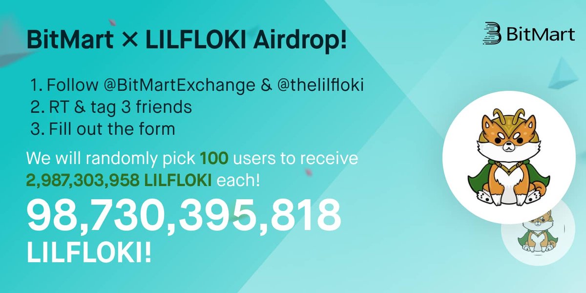 BitMartExchange's tweet photo. To celebrate @thelilfloki listing, we’re giving away 98,730,395,818 LILFLOKI ! 1️⃣Follow 
@BitMartExchange &amp; @thelilfloki 2️⃣RT and tag 3 frds 3️⃣Fill out: https://t.co/oLuyc6iuJ6  100 lucky winners receive 2,987,303,958 LILFLOKI
 each ! 

 ⏰End on 10:00 AM EDT Nov 30 https://t.co/ak0S8uBHE1