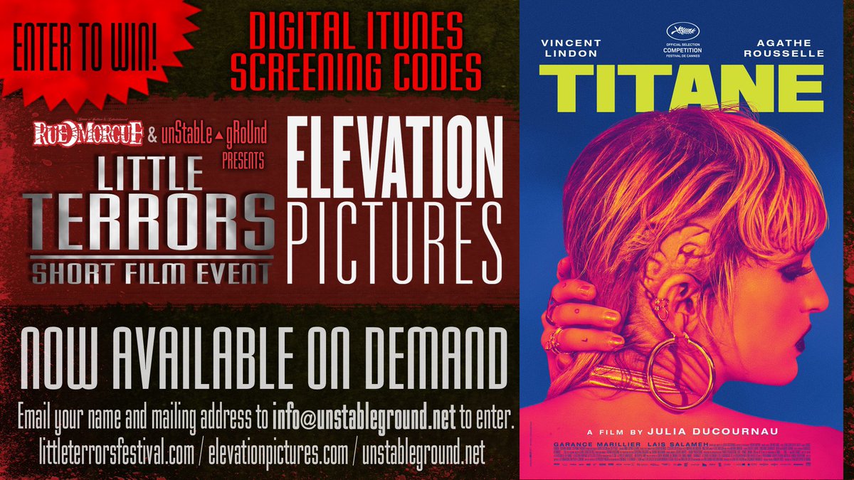 We are proud to partner with <a href="/Elevation_Pics/">Elevation Pictures</a> and @TARO_PR to give away digital iTunes screening codes for RAW director Julia Ducournau's new mind-bending film TITANE! Simply email your name and address to info@unstableground.net to enter. Contest closes on Nov 20th. #titane