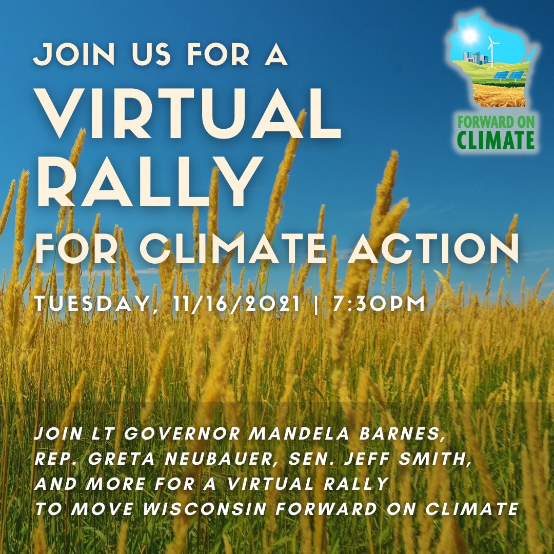 Join us tonight at 7:30pm to learn more about the  Forward on Climate bills and how you can support the work! Sign up to join us here: fb.me/e/1ulqUTMUr

It's time for Wisconsin-centered climate action. We've got to take bold steps so that we can move #ForwardOnClimate!