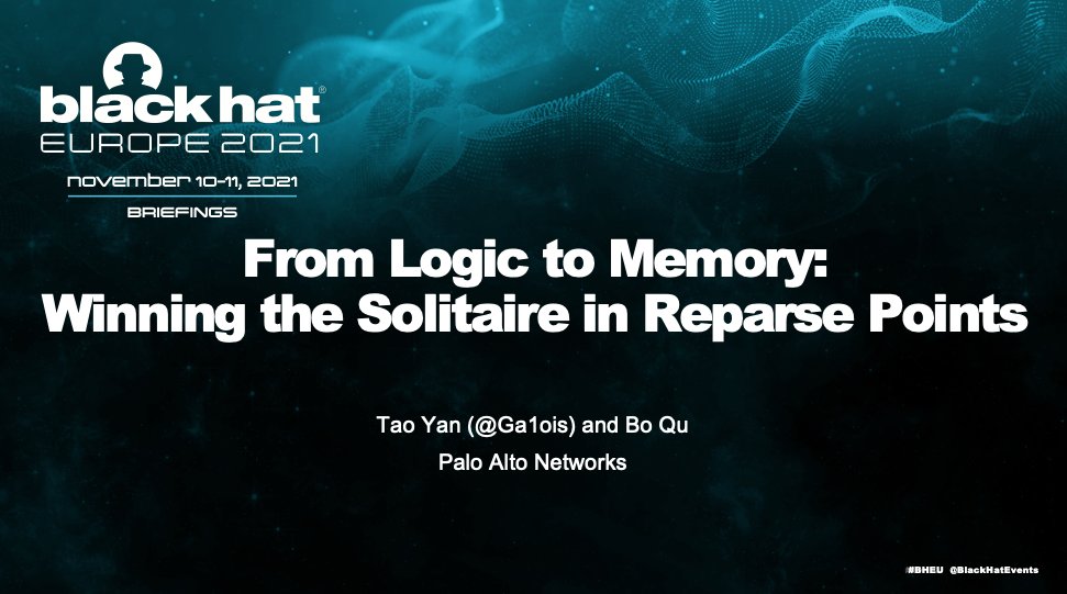 ga1ois's tweet photo. Our #Pwn2Own 2021 exploit and a new attack surface about the reparse point memory corruption EoP bug were disclosed in our #BlackHat Europe talk "From Logic to Memory: Winning the Solitaire in Reparse Points". Thanks to @tiraniddo's great previous work :) https://t.co/bfUb25EfcI https://t.co/ZijkiW7bcz