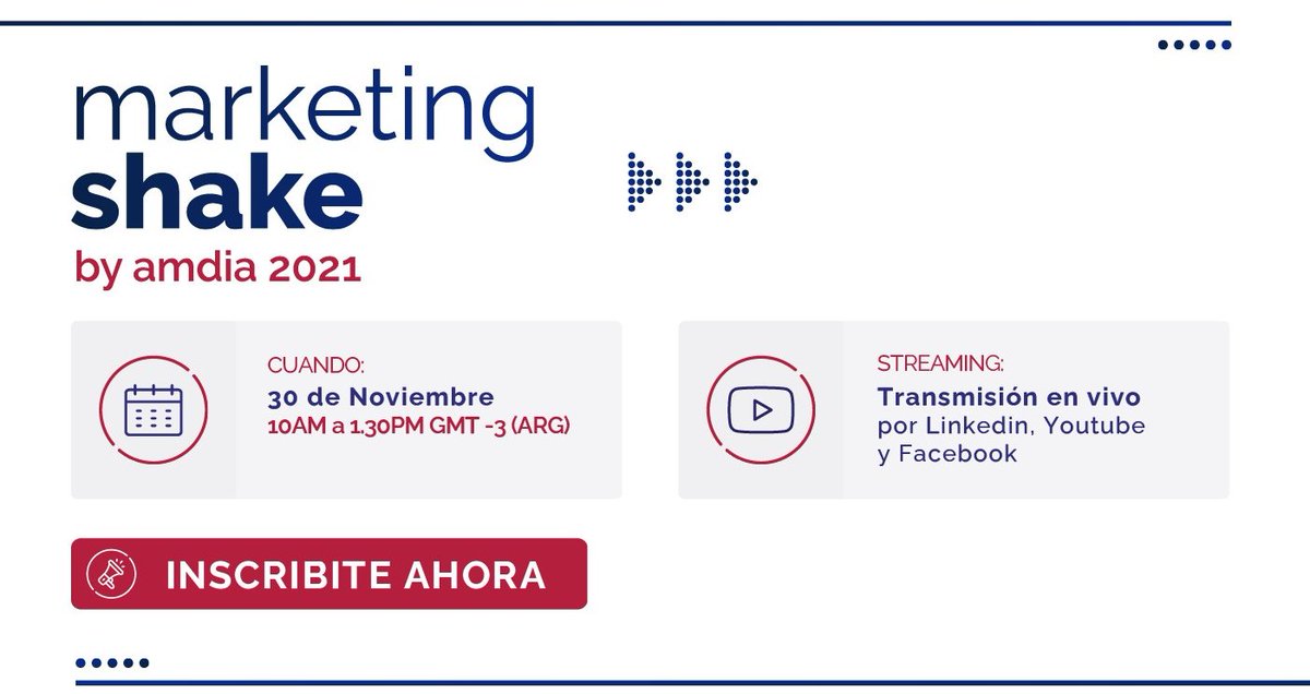 ¡No te pierdas el #MarketingShake by @AMDIAweb!
Es un espacio para conocer las mejores estrategias y casos de negocio de Data DrivenMarketing, contados por referentes de la industria.
📅30/11 a las 10 hs.
Gratuito con inscripción previa en mktshake.com