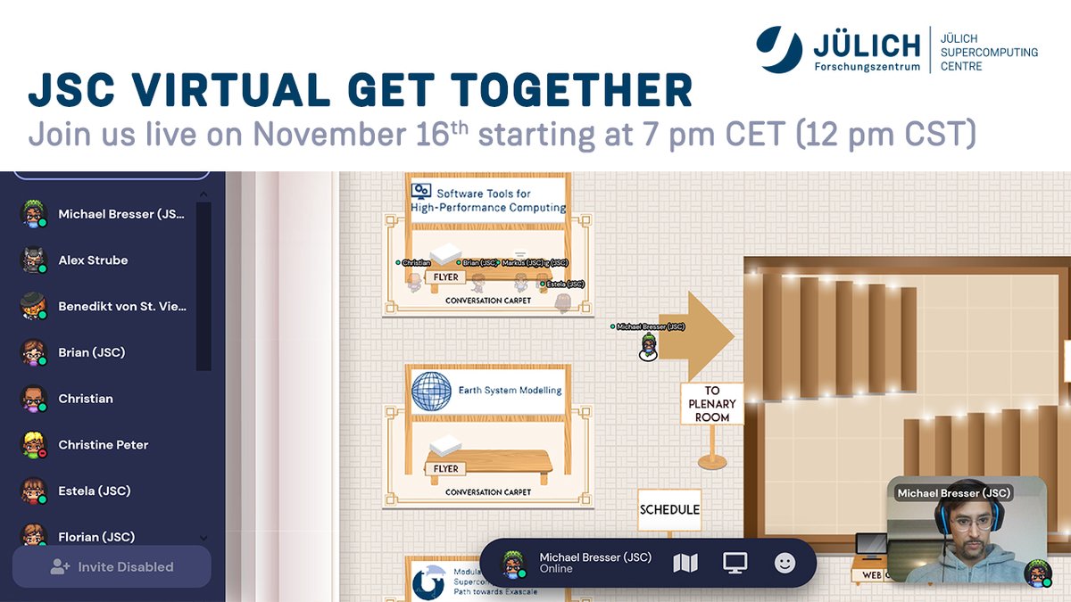 fzj_jsc's tweet image. 📢 JSC&apos;s Get Together starts NOW (7pm CET, 12am CST). Presentations, Live dialog at 5 topic islands, and lots of news.
Join us NOW at
➡apps.fz-juelich.de/jsc/sc21-booth… ➡virtualchair.net/events/sc21-fa…