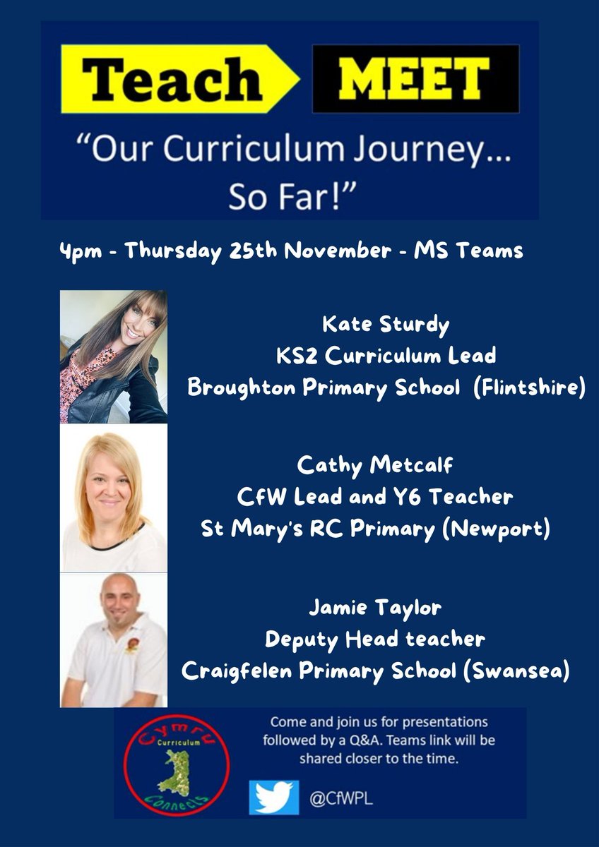 Our next CfW TeachMeet will be on Thursday 25th November on MS Teams from 4pm. 
<a href="/k8KES8/">Kate Sturdy 👩‍🏫</a> <a href="/cmetcalfstmary1/">Mrs Cathy Metcalf</a> and <a href="/MrTaylorTeach/">Mr Taylor primary</a> will be sharing their CfW journey so far. 
A link will be posted closer to the event, we hope you can all join us! 
#CfWPL