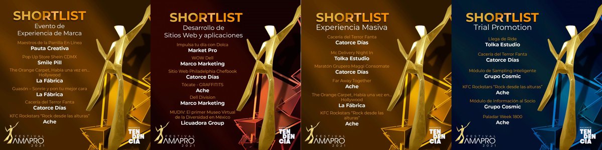 CATORCEDIAS's tweet photo. ¡14 finalistas en el Festival @AmaproMx!
Esperamos que este jueves varios se conviertan en metal. ¡Felicidades a los equipos agencia-cliente que se atrevieron a retar las verdades establecidas con estos proyectos!
#FestivalAMAPRO #VictoriasAMAPRO #HagamosTendencia #hackthefact https://t.co/KidQTZ2Qte