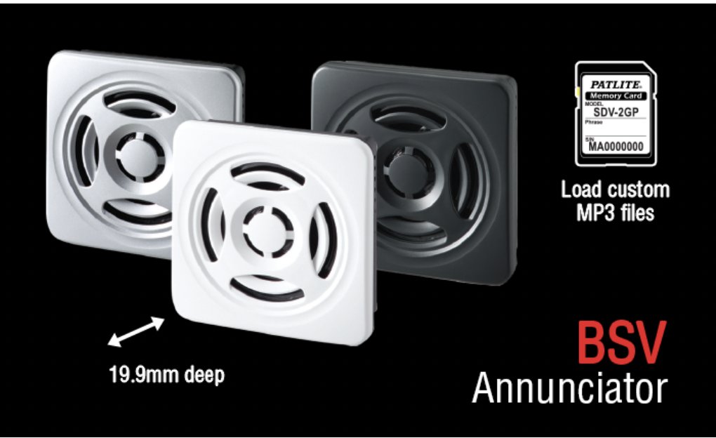 PatliteUSA's tweet photo. Patlite's BSV Series is an MP3 annunciator featuring a slim profile. Custom MP3 files can be loaded to the BSV with the use of an SD card.

To view product: https://t.co/1PDaEJ6IyU

#Patliteatwork #audibles #annunciators #audiblesolutions https://t.co/XqKpcGu3mk